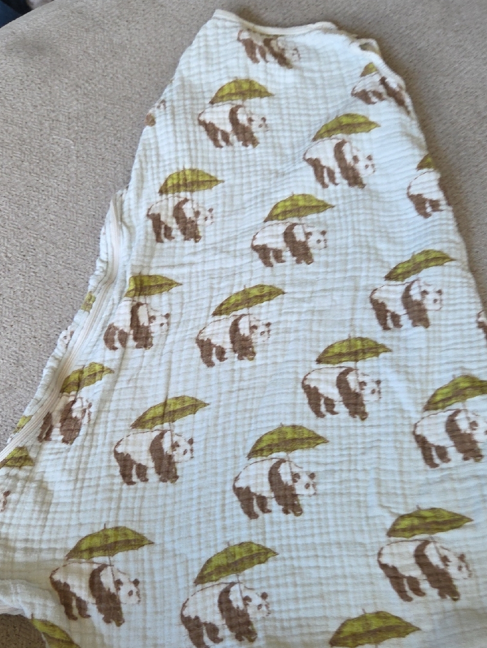 Milkbarn Cream Sleep Sack with Brown Panda and Olive Green Leaf Print
